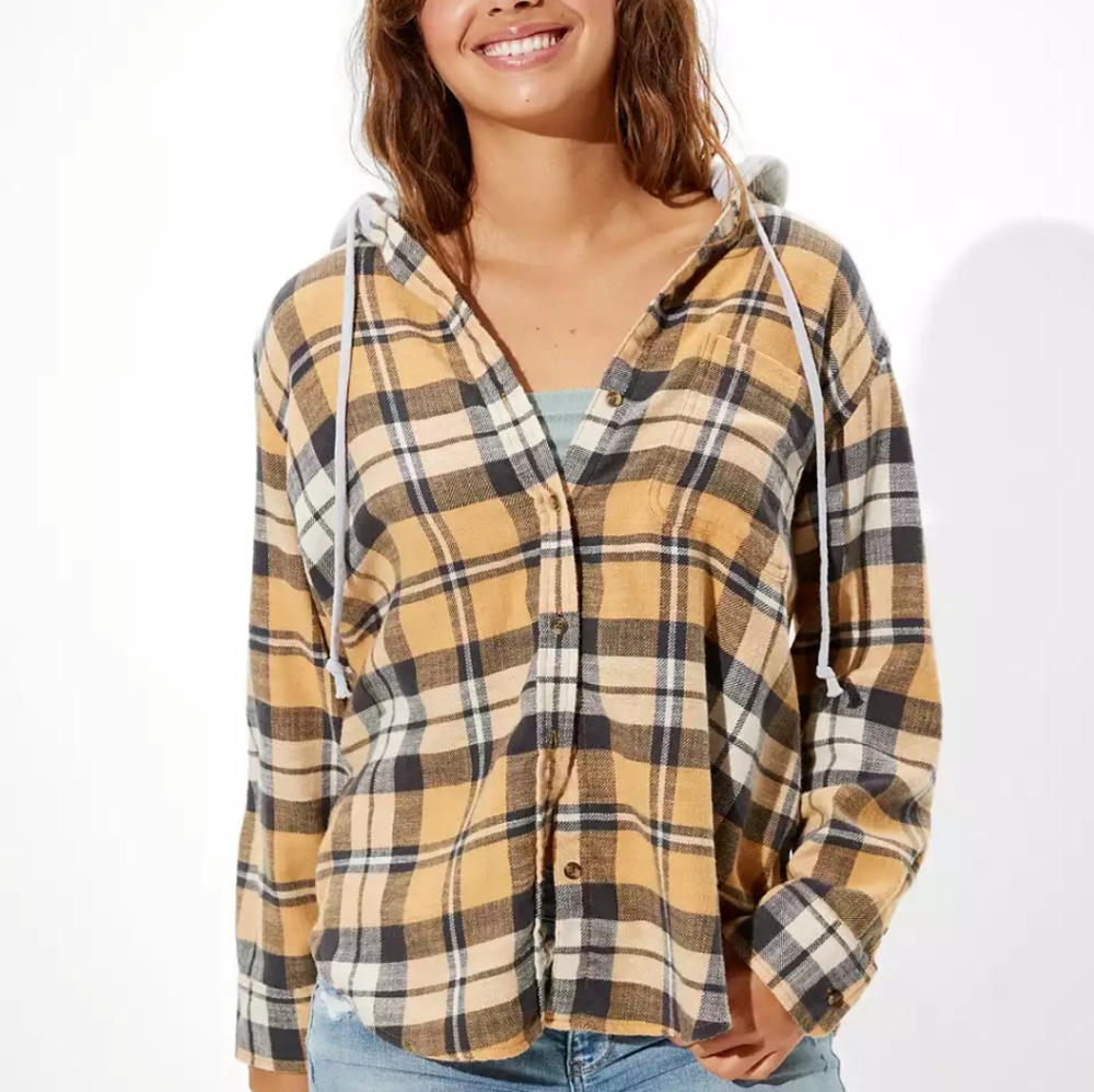 NWT AE Hooded Yellow &Black Plaid ButtonUp Flannel